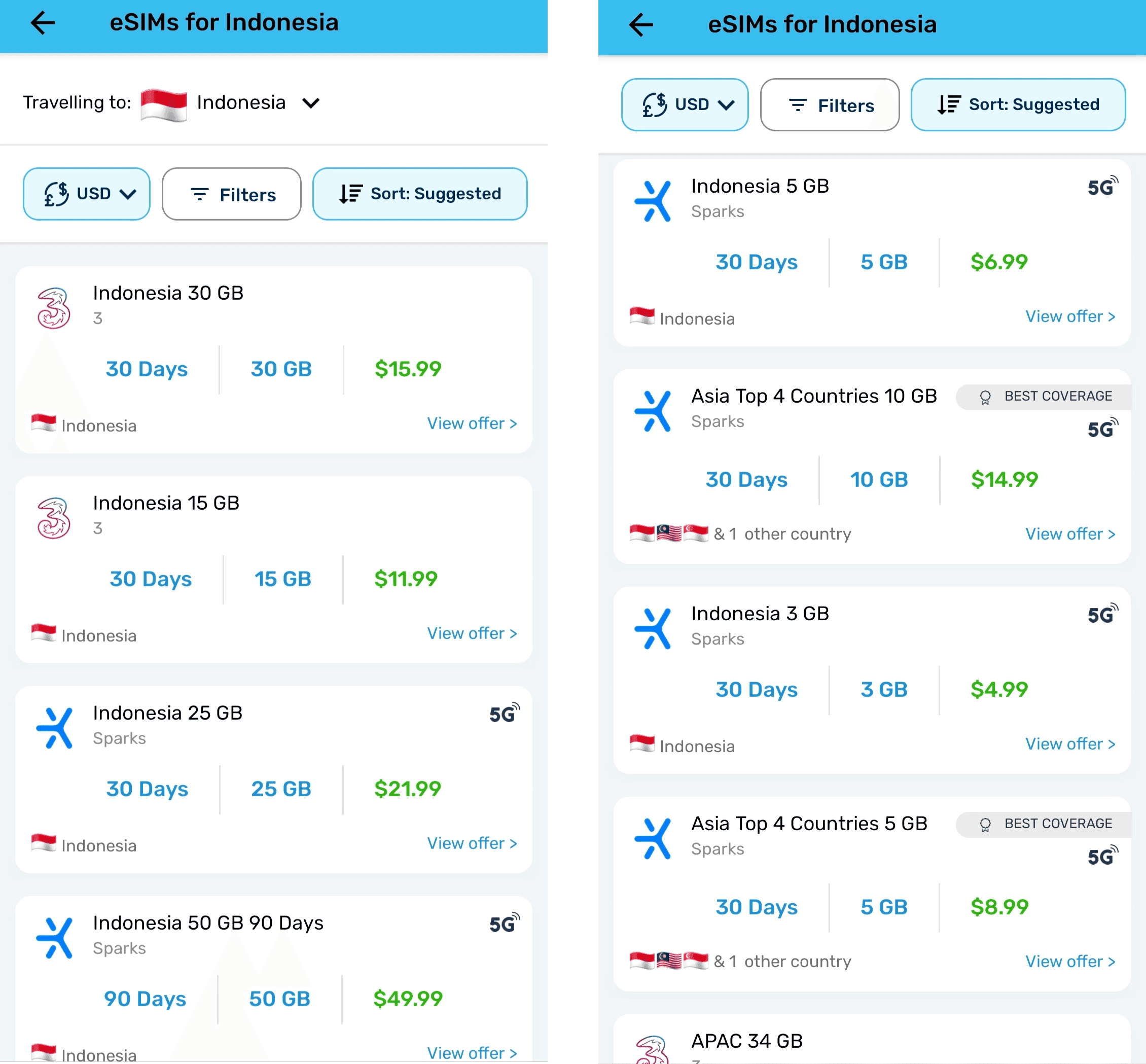 Screenshots of MobiMatter e-sim offering for Indonesia as of September 2024