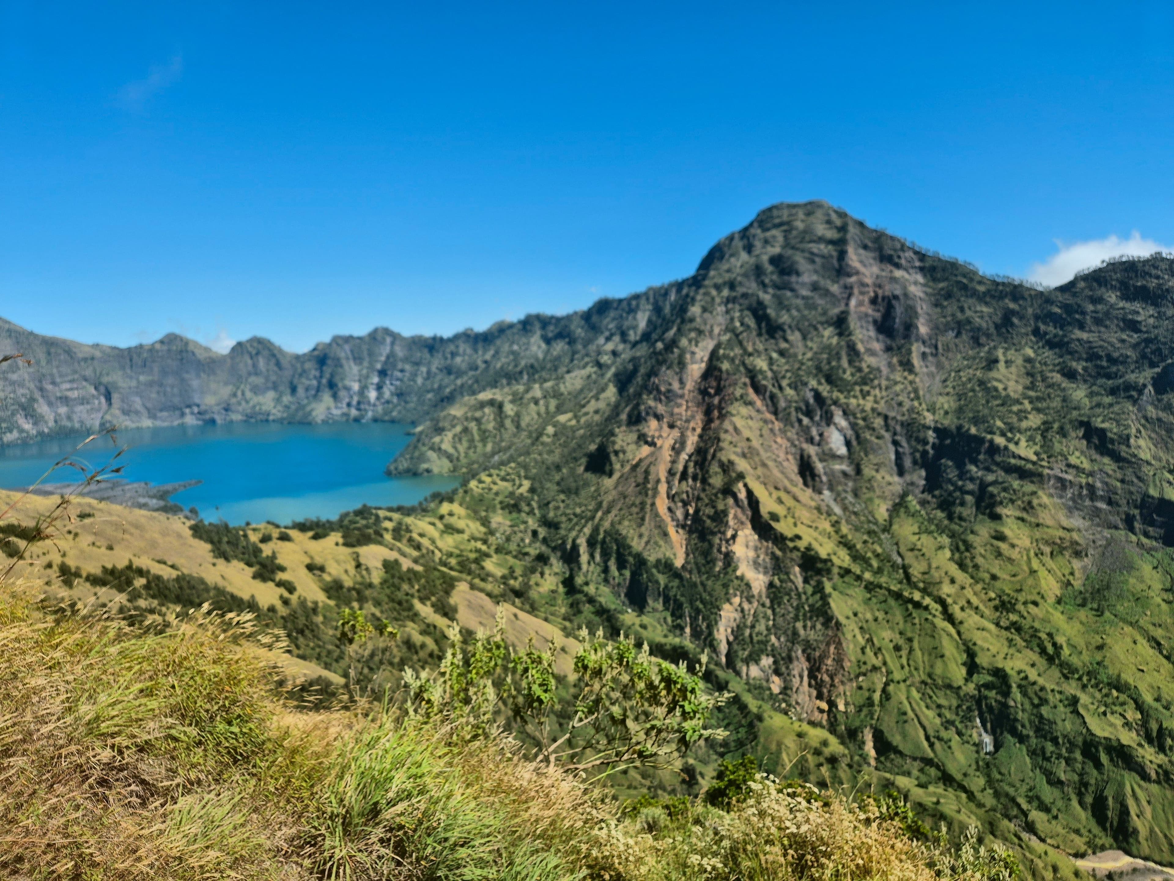 View of the Segara Anak lake from the hike down from the Sembalun Crater Rim camp