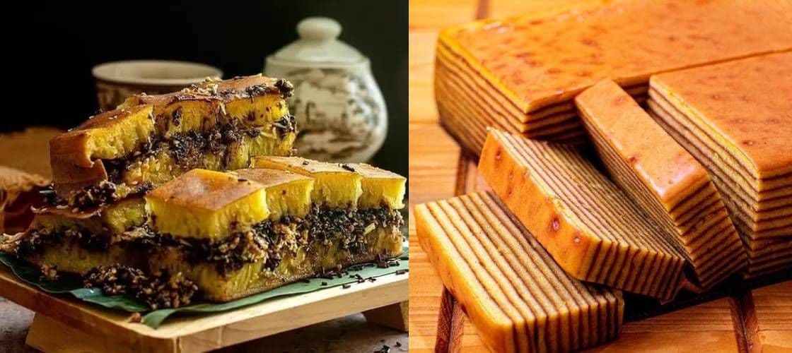 Famous Indenesian baked desserts: on the left "Martabak Terang Bulan" and on the right "Kue Lapis"
